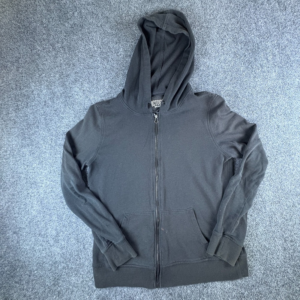 Victoria's Secret Sport Hoodie Womens Medium Black Cotton Fleece Lined Full Zip